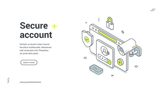 Secure account user information identification web banner design template isometric vector illustration. Internet data privacy authorization login password access website verification registration