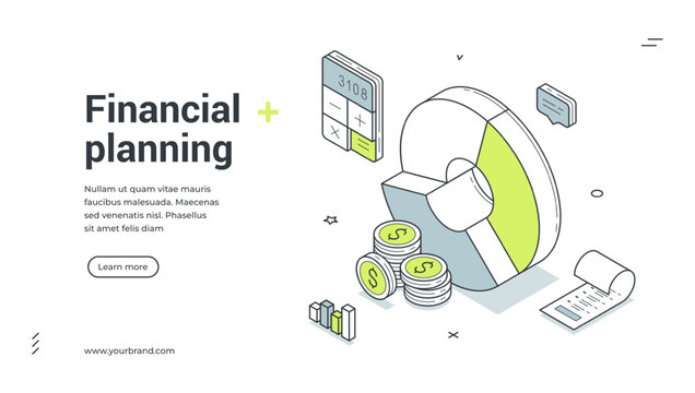 Financial planning budget balance analyzing isometric web banner design template vector illustration. Finance banking accounting bookkeeping earnings expenses profit business optimization control
