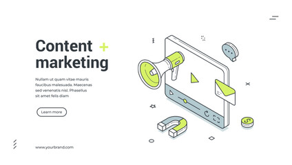 Content marketing social media network communication isometric web banner design template vector illustration. Internet networking advertising cyberspace megaphone announcement digital technology