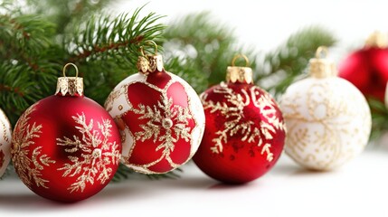 Fototapeta premium Festive Christmas Ornaments in Red and White with Pine Branches for Holiday Decor