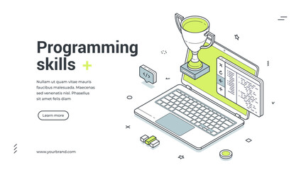Programming skills code engineering learning isometric web banner design template vector illustration. Program coding digital technology contest championship education studying training development