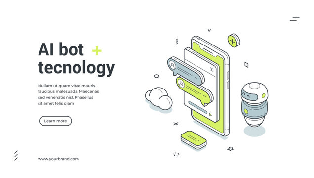 AI bot assistance technology mobile app isometric web banner design template vector illustration. Artificial intelligence chatbot virtual assistant robotic automation customer support digital service