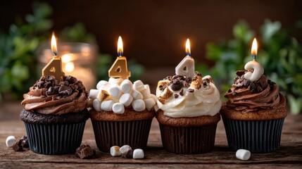 Festive Cupcakes with Number Candles Celebrating Forty-Four Years on Wooden Surface