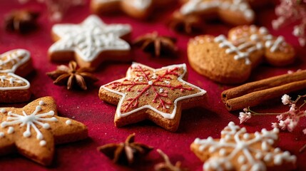 Festive Christmas Gingerbread Cookies with Star Anise and Cinnamon on Red Background, Holiday Baking