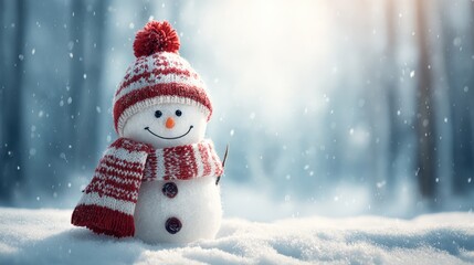 Fototapeta premium Adorable Snowman with Striped Scarf and Hat Standing in a Snowy Winter Landscape