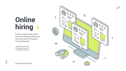 Naklejka na ściany i meble Online hiring recruitment employee career opportunity isometric web banner design template vector illustration. Internet headhunting staff vacancy job employment analyzing management recruiting Naklejka na ściany i meble Online hiring recruitment employee career opportunity isometric web banner design template vector illustration. Internet headhunting staff vacancy job employment analyzing management recruiting