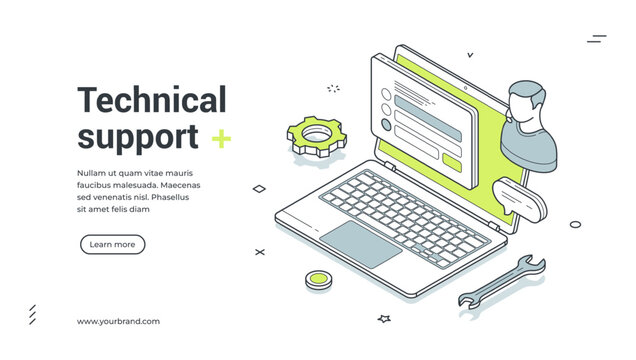 Technical support customer help digital service isometric web banner design template vector illustration. Virtual assistance consulting helpdesk hotline client communication internet technology - Powered by Adobe