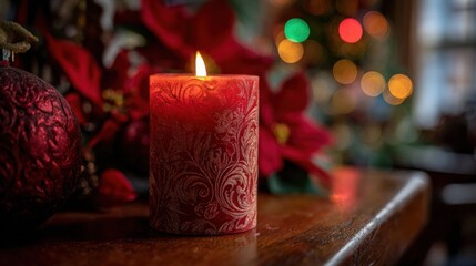 Festive Red Candlelight with Christmas Decorations, Creating a Warm and Inviting Holiday Atmosphere for Seasonal Celebrations