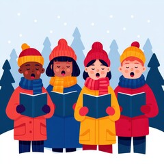 Fototapeta premium A group of children singing joyfully in winter outfits amidst a snowy forest.