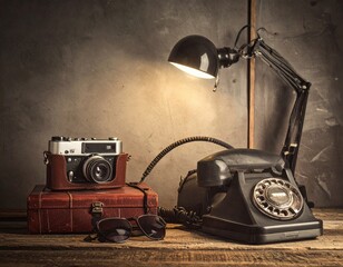 Vintage Desk Setup with Classic Camera Telephone and Lamp on Wooden Surface