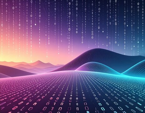 Digital Landscape With Pixelated Hills And Binary Code Rain Against Sunset Sky