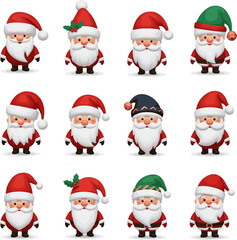 Create a kinds of deferent 3d render santa claus with christmas hat vector art with white background..