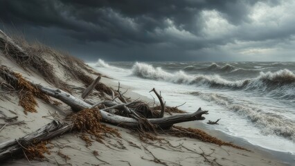 Stormy beach with driftwood and crashing waves