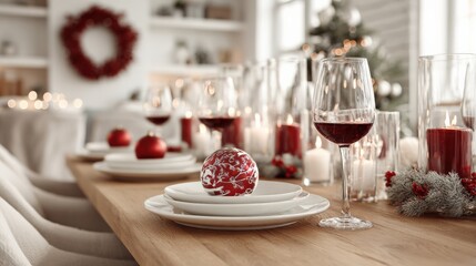 Fototapeta premium Festive Christmas Table Setting with Red Wine, Candles, and Elegant Decorations for Holiday Celebration
