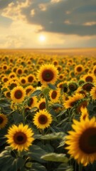 Obraz premium Sunflower field at sunset golden hour