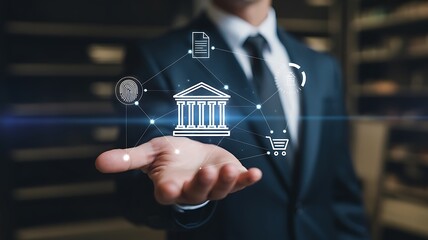 Financial Technology Concept Businessman Presenting Digital Bank Icon with Security and E-commerce Elements