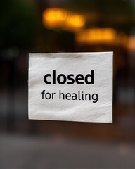 Closed for healing sign on glass window – emotional concept of rest and recovery, inspiring mental health awareness and self care message, minimalist paper sign closed for healing in soft light
