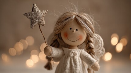 Adorable Angel Doll Holding Sparkling Star Wand: Festive Holiday Decor and Gentle Gift Idea