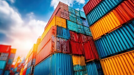 Fototapeta premium Colorful stacked shipping containers under a bright sky