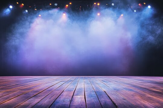 Colorful stage with fog and lights set for a performance event in a theater setting