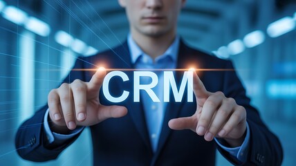 Executive interacting with an innovative CRM platform for business growth and data analysis