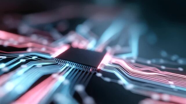 Abstract 3D processor with glowing lines, symbol of big data, AI and high-tech computing power 3D processor, glowing neon lines, AI symbol, big data technology, computing power, fu