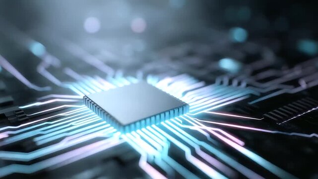 Abstract 3D processor with glowing lines, symbol of big data, AI and high-tech computing power 3D processor, glowing neon lines, AI symbol, big data technology, computing
