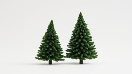 Fototapeta premium Two Evergreen Trees on White Background Displaying Minimalist Christmas Holiday Decoration, Woodland Scenery, and Forest Landscape