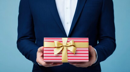 Man Presents Striped Gift Box with Golden Ribbon: Celebration of Appreciation and Generosity