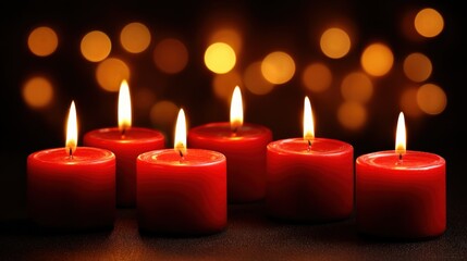 Festive Red Candles Glowing with Warm Light Against a Bokeh Background, Perfect for Holiday and Winter Themes