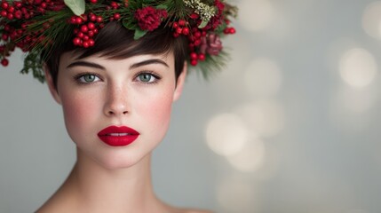 Naklejka premium Elegant Woman Adorned with Festive Holiday Wreath, Perfect for Christmas or Winter Beauty Campaigns