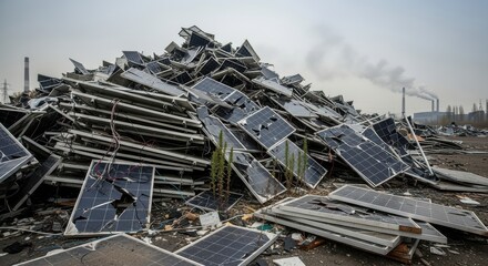 Fototapeta premium Discarded Solar Panels Pile High in Industrial Wasteland Under Overcast Sky