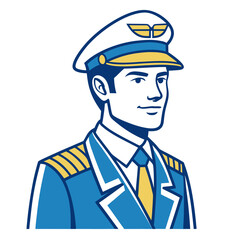 Professional airline pilot captain in a classic uniform, a handsome character portrait for aviation and travel themes. Vector illustration mascot