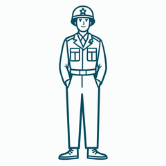 A simple line art illustration of a soldier in a classic military uniform and helmet, standing at ease with hands in pockets
