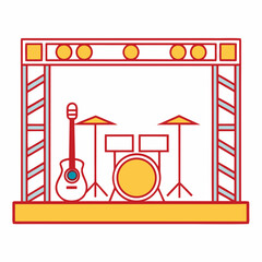 Vibrant Outline Illustration of a Concert Stage Setup with Drum Kit, Acoustic Guitar, and Bright Spotlights Ready for a Live Music Performance, Band Practice, or Entertainment Event Design