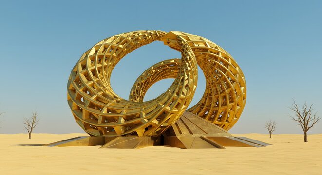 A golden abstract monument shaped like a falaj canal