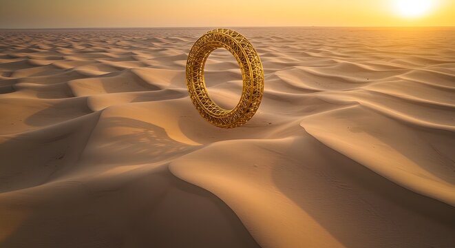 A golden ring-shaped monument floating above dunes