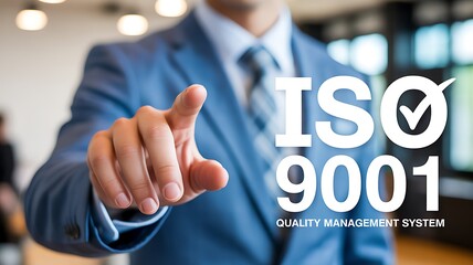 Man in Suit Pointing to ISO 9001 Quality Management System Achieving Standards
