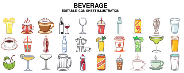 Assorted Beverage Icons Collection Vector Illustrations of Drinks, Cocktails, and Refreshments for Diverse Applications