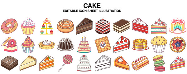 Delicious cakes and pastries A colorful illustrated icon set for bakery and dessert concepts