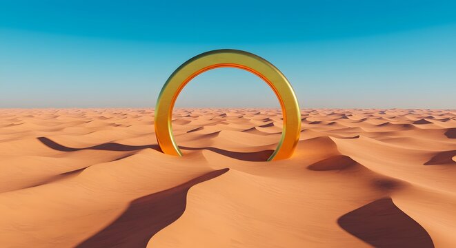 A golden ring-shaped monument floating above dunes