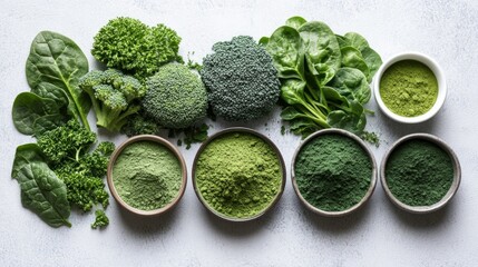 A variety of green vegetables and powders made from them on a light background.
Useful for cooking blogs, healthy eating advertisements, and articles about healthy lifestyles.