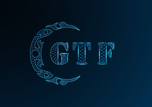 Low poly letter logo GTF design. GTF letter logo low poly vector design on blue color gradient background. GTF logo low poly design