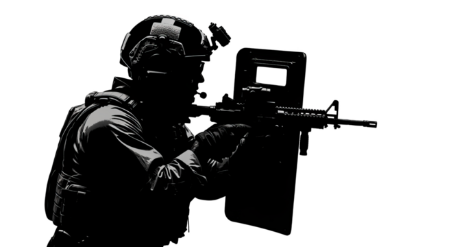 Soldier in tactical gear holding a rifle - Powered by Adobe