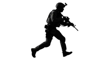 Silhouetted soldier running with rifle in the dark