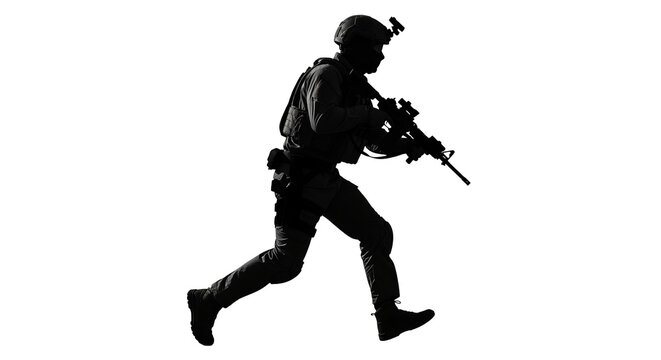 Silhouetted soldier running with rifle in the dark