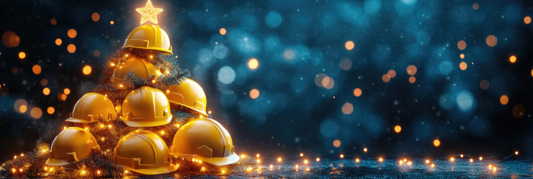 Christmas tree made of yellow construction helmets with glowing star and lights, celebrating Christmas in the construction industry, with a festive atmosphere and bokeh effect in a dark background