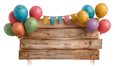 Colorful easter eggs balloons and a banner on wooden planks on transparent background