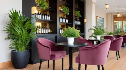 Obraz premium Restaurant bar interior design with wine bottles and chairs