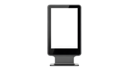 Metallic, black digital signage mockup stands, with a blank white screen, ideal for product display, advertising, or branding mockups.